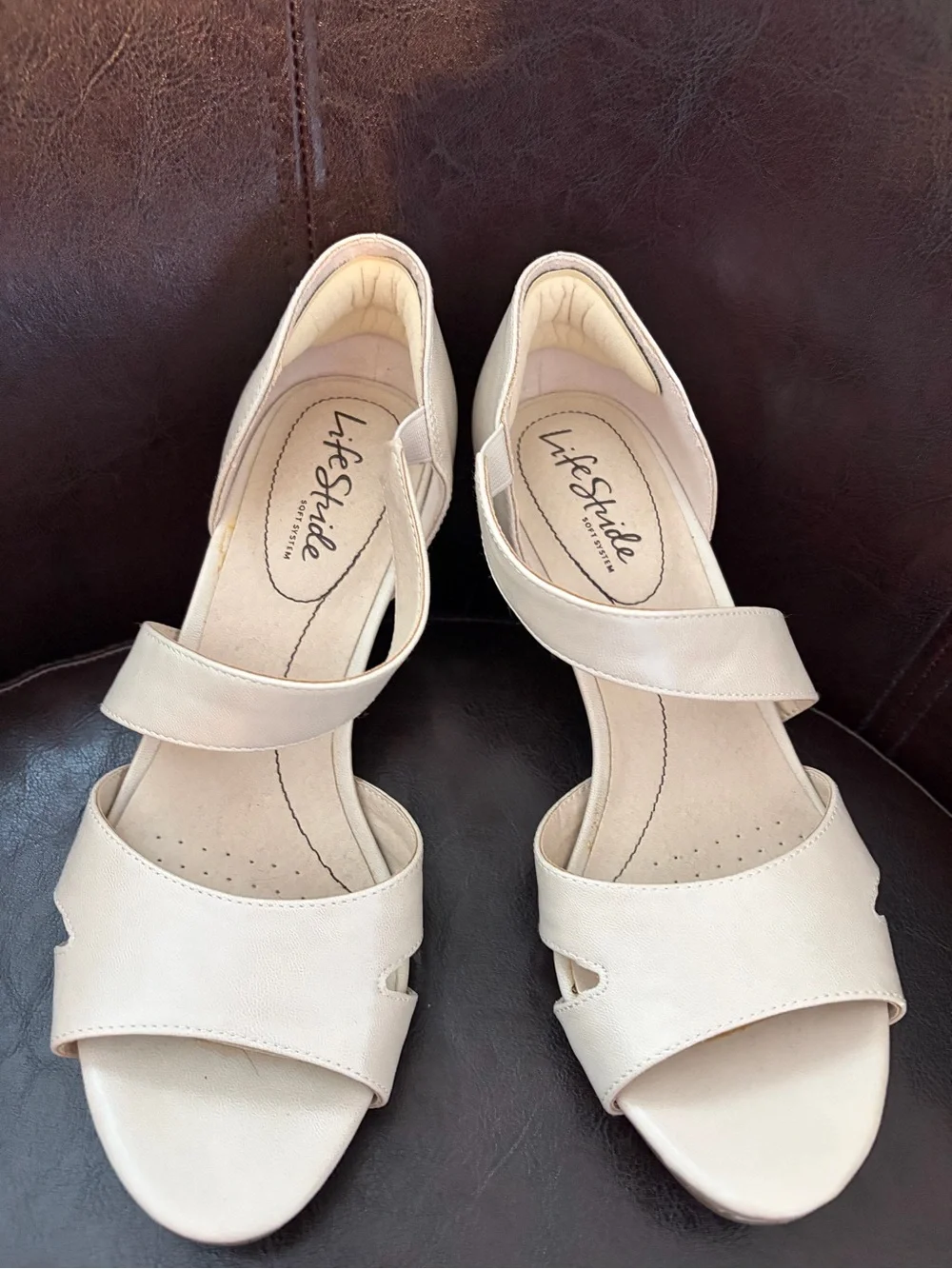 Elegant Cream Strappy Mid-Heel Sandal life stride comfort size 7 tan cream shoes
